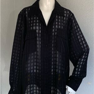 Black sheer checked pattern, long sleeve blouse